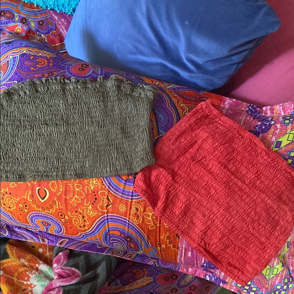 Red and Olive Smocked Tube Tops